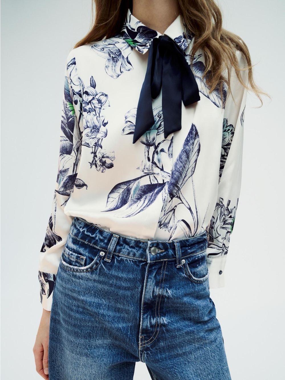 Zara Floral Blouse with Tie - M